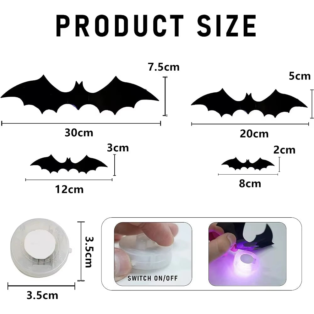 12/24Pcs Halloween New Night Light Bat PET Stereoscopic Bat Festival Party Decoration LED Night Light Wall Decal