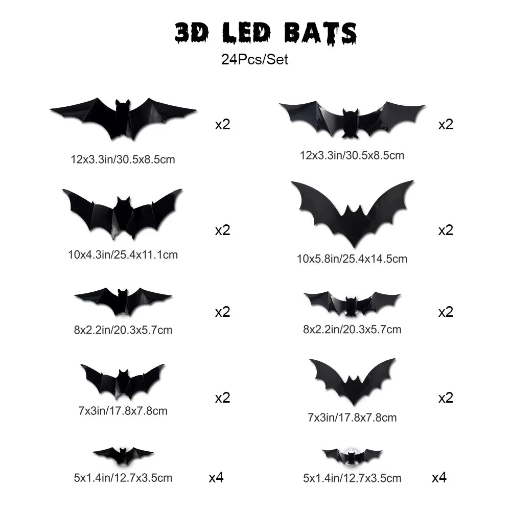 12/24Pcs Halloween New Night Light Bat PET Stereoscopic Bat Festival Party Decoration LED Night Light Wall Decal